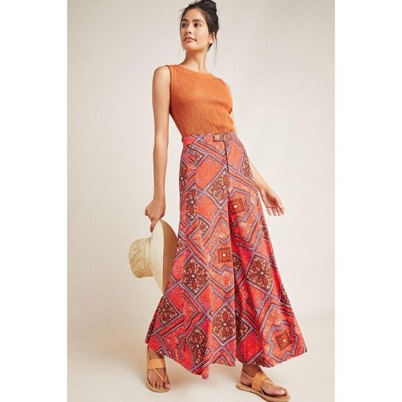 Anthropologie Skirted Wide Leg Pants Red Geometric Print High Rise Women's 8 - Picture 1 of 10